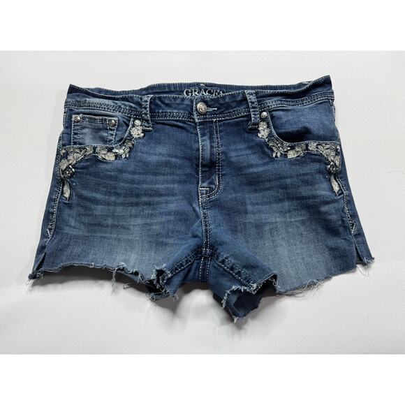 Grace in L.A. Pants - Grace in L.A. Women's Easy Fit Blue Denim Cut Off Shorts - Size 33x3.5